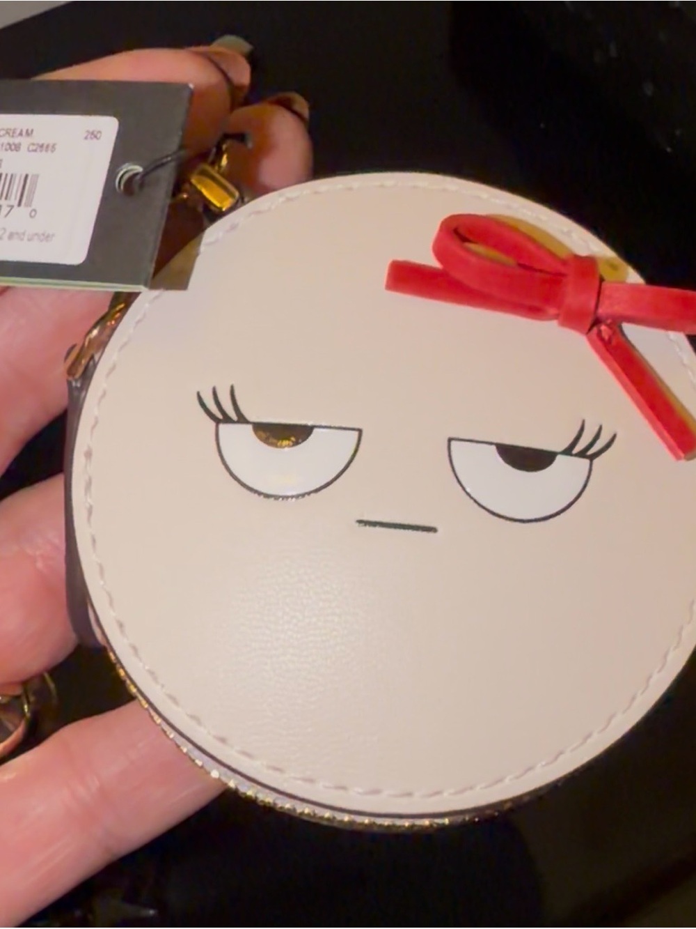 Kate Spade NWT Cream Round Face zipper coin purse with Red Bow